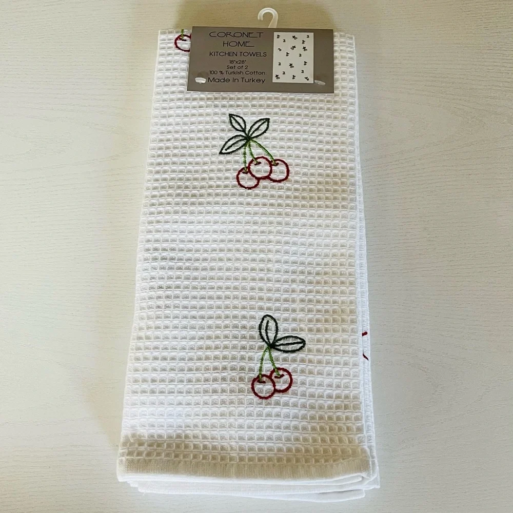Coronet Home, White, Cherry Red Embroidered Kitchen Towels, Sz 18x28